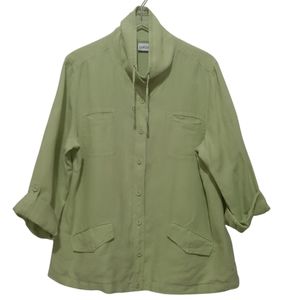 Chico's Lagenlook Linen Green Button Down Shirt Shacket Size XL